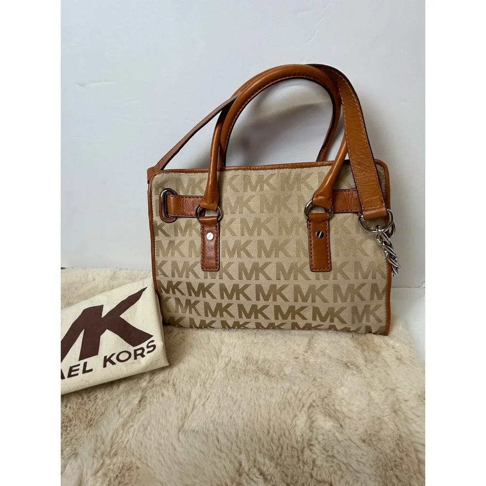 Michael Kors Hamilton Satchel Monogram Canvas Tan Leather Crossbody Bag Dust Bag